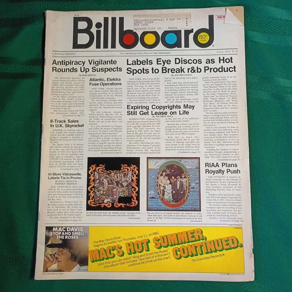 Billboard Magazine 1974 Lot of Five: July 6 & 27, Aug 17 & 24, Sept 21